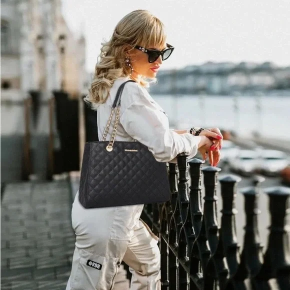 Montana West MEDIUM Tote Bag for Women Quilted Chain Handbags Shoulder Purse - Picture 2 of 10